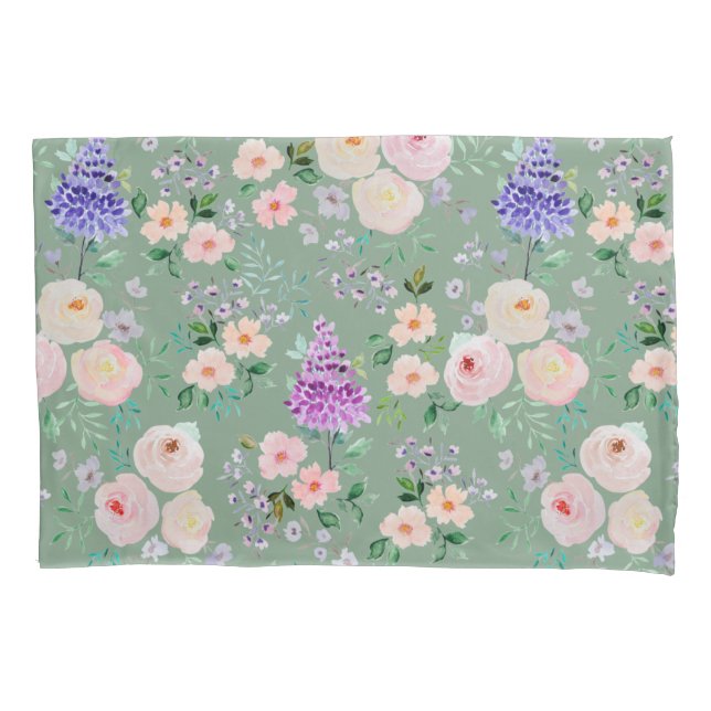 Basil Green Watercolor Floral Pillowcase (Front)