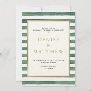 Basil Green Watercolor Stripes with Gold Lettering Invitation