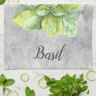 Basil Herb Watercolor Illustration Tea Towel