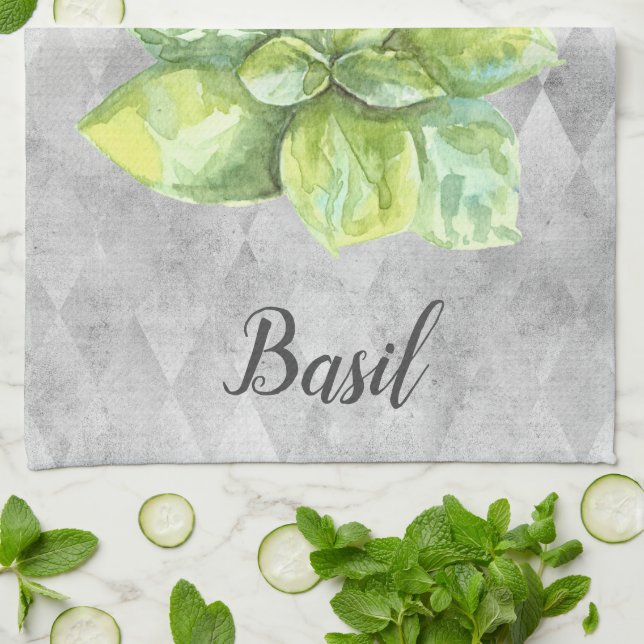 Basil Herb Watercolor Illustration  Tea Towel (Folded)