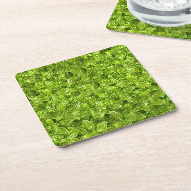 Basil Leaves Pattern Square Paper Coaster (Angled)