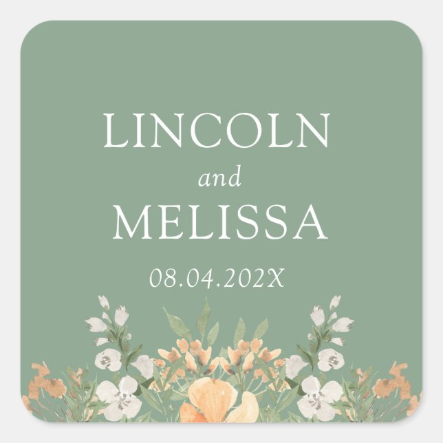 Basil, Peach and White Floral Wedding   Square Sticker (Front)