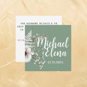 Basil & White Floral Wedding Details QR Code Card