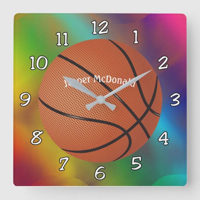 Baskeball Multi-coloured Bkgrd Photo Personalise Square Wall Clock (Front)