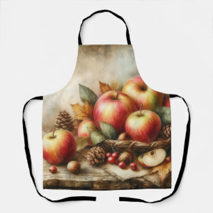 Basket of apples on table vintage watercolor apron