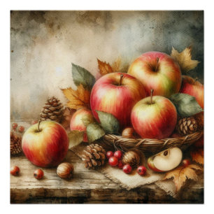 Basket of apples on table vintage watercolor  poster