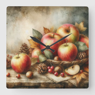 Basket of apples on table vintage watercolor square wall clock