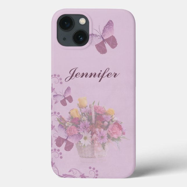Basket of Flowers and Butterflies, Name Case-Mate iPhone Case (Back)