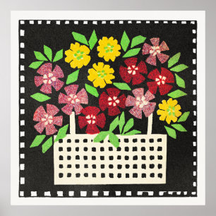 Basket of Flowers, red and yellow, Poster