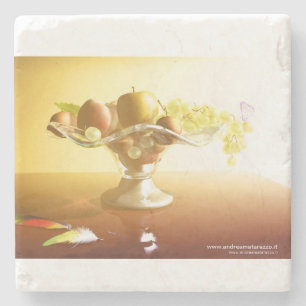 Basket of glass with fruits and batterfly   stone coaster