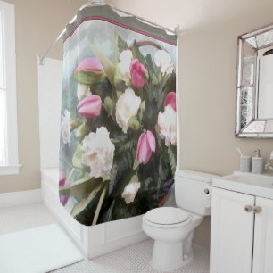 Basket of Pink Tulips and White Carnations Shower Curtain