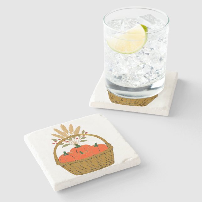 🎃 Basket of Pumpkins and Autumn Wheat Stone Coaster (Side)