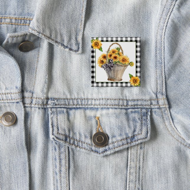 Basket of sunflowers  15 cm square badge (In Situ)