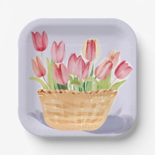 Basket of Tulips Floral Watercolor Painting Paper Plate