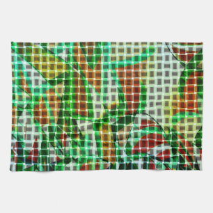 Basket style, green curved ribbons, coral details tea towel