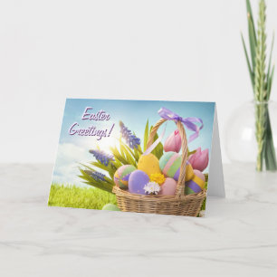 Basket with Easter Eggs on Green Grass Holiday Card