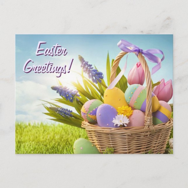 Basket with Easter Eggs on Green Grass Holiday Postcard (Front)