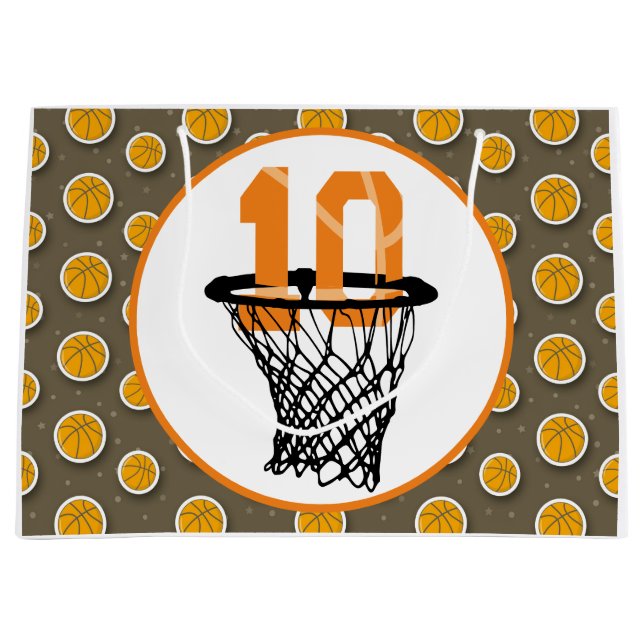 Basketball  10th Birthday with number in mini hoop Large Gift Bag (Front)