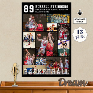 Basketball 13 Photo Collage Player Name Number Poster