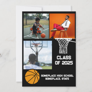 Basketball 3 Photo Collage Black Graduation Announcement