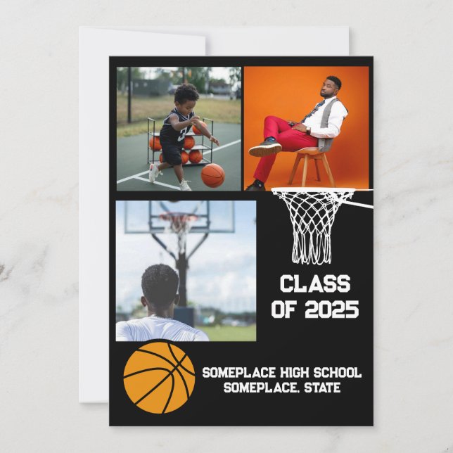 Basketball 3 Photo Collage Black Graduation Invitation (Front)