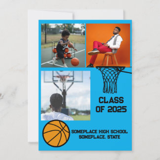 Basketball 3 Photo Collage Light Blue Graduation Announcement