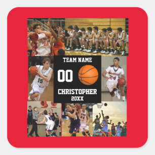 Basketball 7 Photo collage Red team name Square Sticker