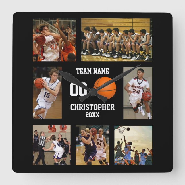 Basketball 7 photo collage square wall clock (Front)