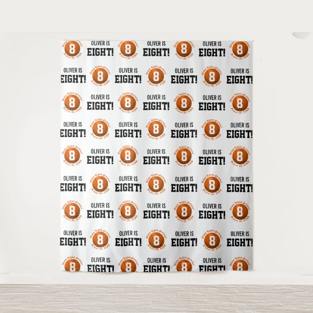 Basketball 8th Birthday Boy | Step Repeat Backdrop Tapestry (Front)