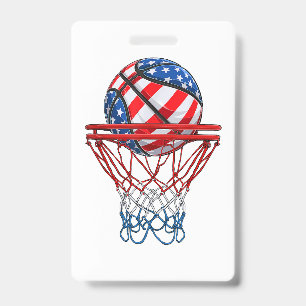 Basketball American Patriotic 4th Of July US Flag ID Badge
