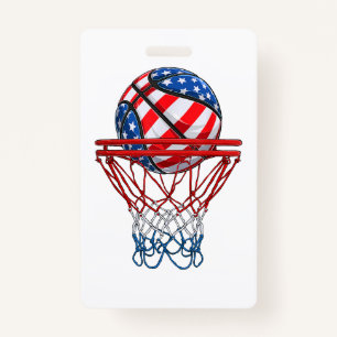 Basketball American Patriotic 4th Of July US Flag ID Badge