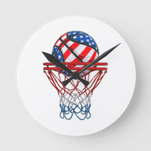 Basketball American Patriotic 4th Of July US Flag Round Clock