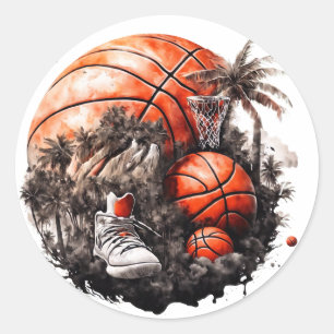Basketball and Shoes on Grass with Palm Trees Classic Round Sticker