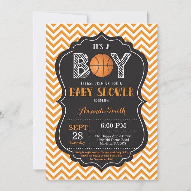 Basketball Baby Shower Invitation Orange Chevron (Front)