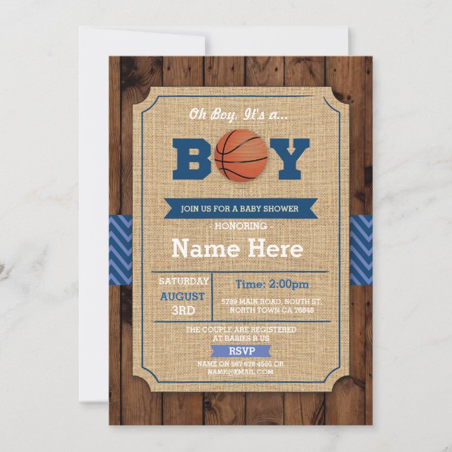 Basketball Baby Shower Oh Boy Blue Wood Invite (Front)