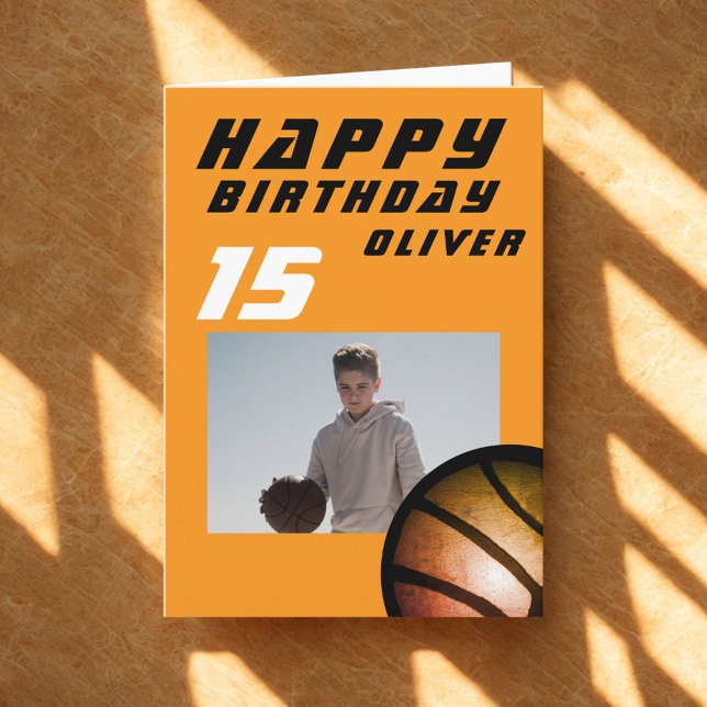 Basketball Ball Boy Photo Happy Birthday Card (Creator Uploaded)