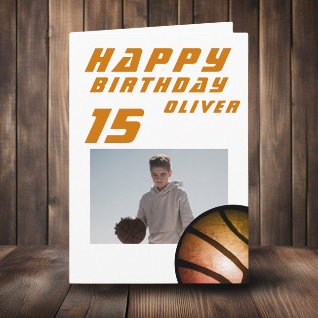 Basketball Ball Boy Photo Happy Birthday  Card (Creator Uploaded)