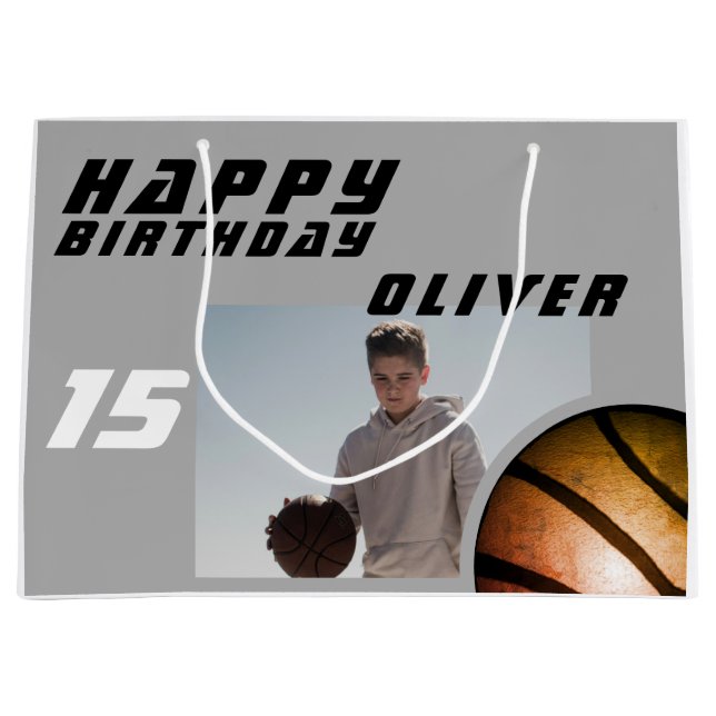 Basketball Ball Boy Photo Happy Birthday Large Gift Bag (Front)