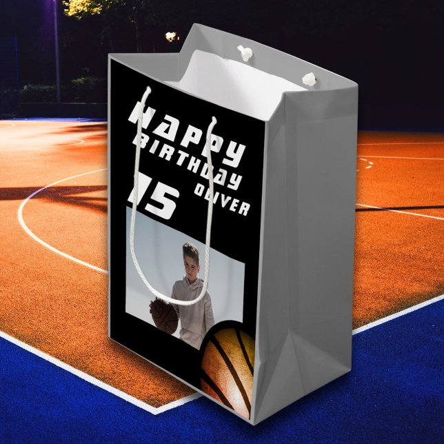 Basketball Ball Boy Photo Happy Birthday Medium Gift Bag (Creator Uploaded)