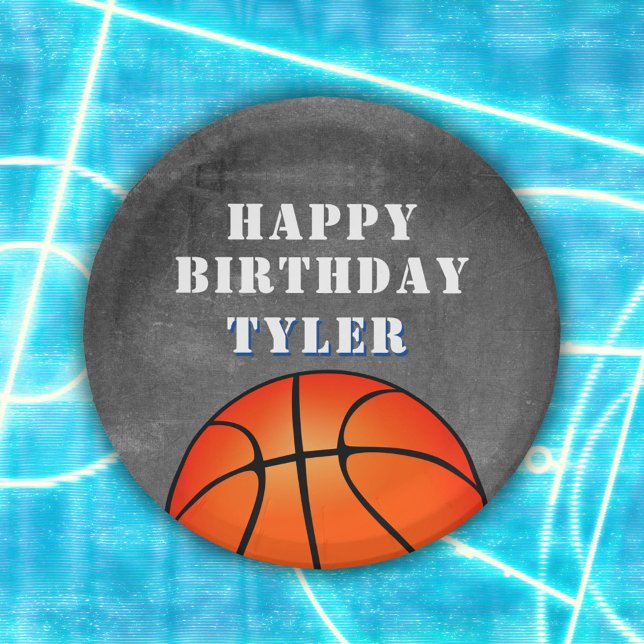 Basketball Ball Chalkboard Photo Birthday Paper Plate (Creator Uploaded)