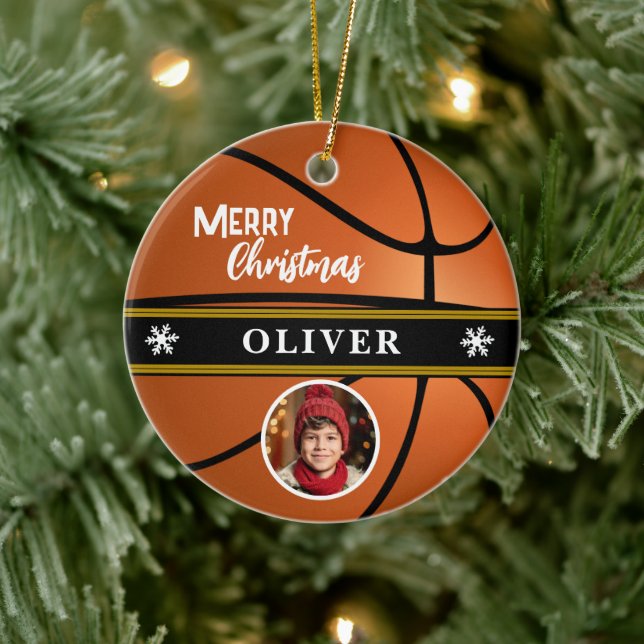 Basketball Ball Custom Name Merry Christmas Photo Ceramic Tree Decoration (Tree)