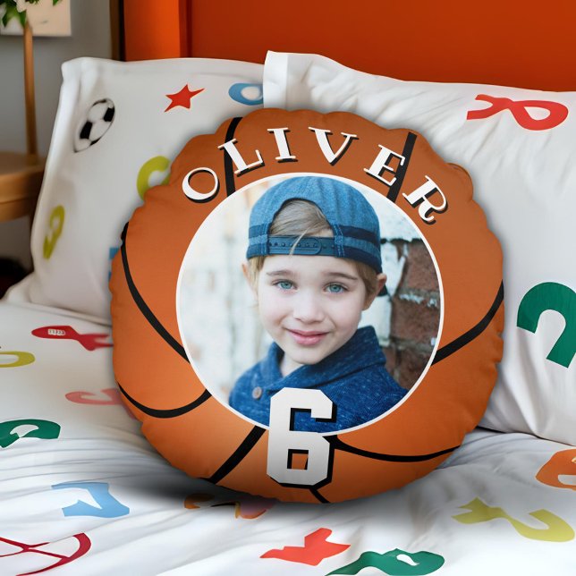 Basketball Ball Kids Birthday Age Photo  Round Cushion (Creator Uploaded)