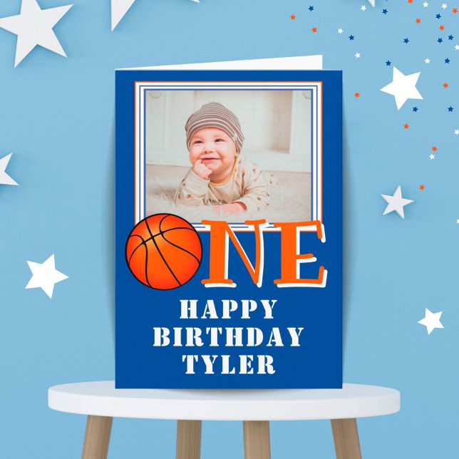 Basketball Ball ONE Kids Photo 1st Birthday Card (Creator Uploaded)