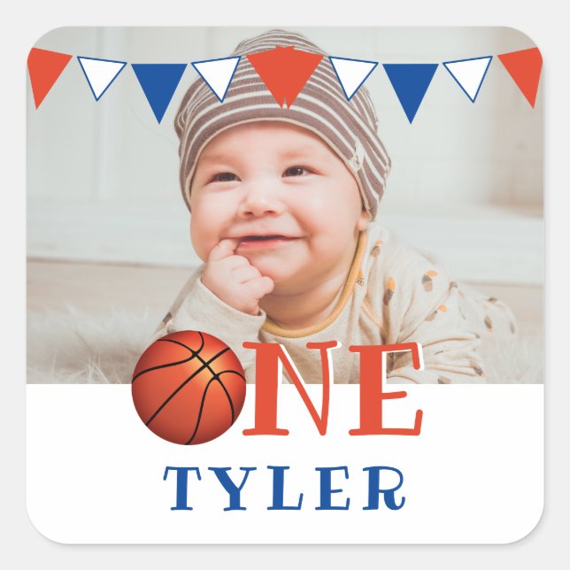 Basketball Ball ONE Photo 1st Birthday Square Sticker (Front)