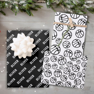 Basketball Ball Pattern Black and White Name Wrapping Paper Sheet