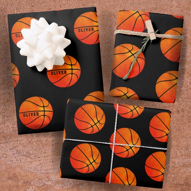 Basketball Ball Pattern Black Kids Name Sports  Wrapping Paper Sheet (Creator Uploaded)