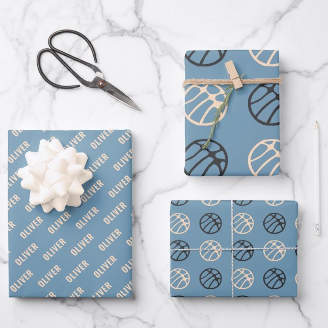 Basketball Ball Pattern Blue Name Wrapping Paper Sheet (Front)