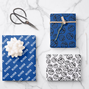 Basketball Ball Pattern Blue Name Wrapping Paper Sheet