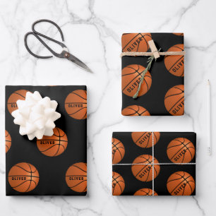 Basketball Ball Pattern Kids Name Birthday Wrapping Paper Sheet