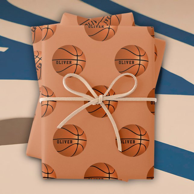 Basketball Ball Pattern Kids Name Birthday  Wrapping Paper Sheet (Creator Uploaded)